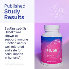 Microbiome Labs HU58 cápsulas desplegadas, evidencia conteo de 60 y dosificación