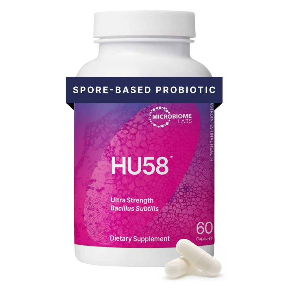 Microbiome Labs HU58 envase frontal, presenta información clara y beneficio digestivo
