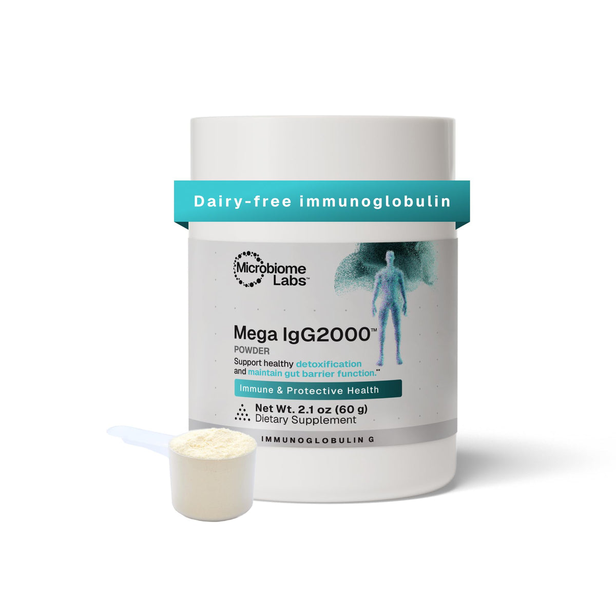 Microbiome Labs envase frontal mostrando etiqueta clara y beneficios para la salud intestinal