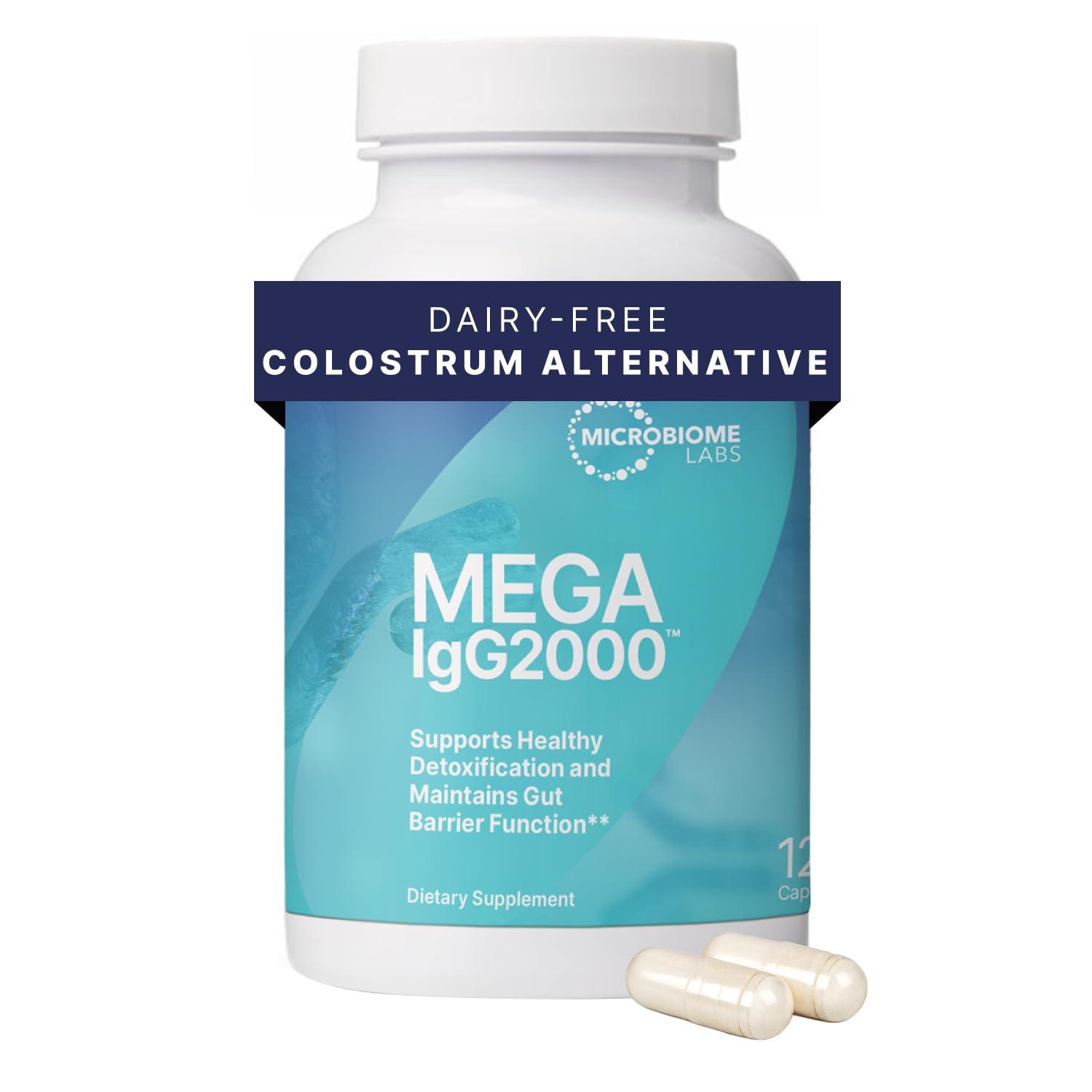 Microbiome Labs envase frontal mostrando la marca y beneficio digestivo