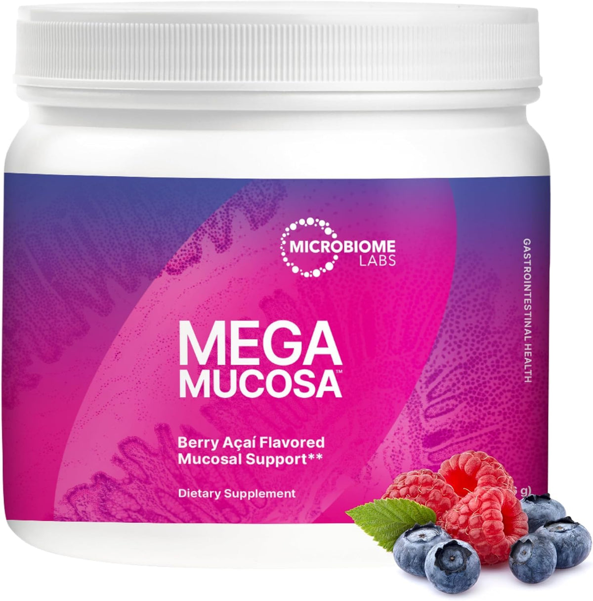 Microbiome Labs envase MegaMucosa frontal con diseño y beneficio mucosal