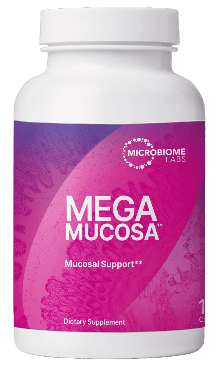 Microbiome Labs MegaMucosa frontal del envase mostrando beneficios y cápsulas visibles