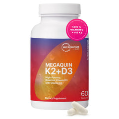 Microbiome Labs frasco MegaQuin D3 K2 vista frontal, presentación clara y profesional