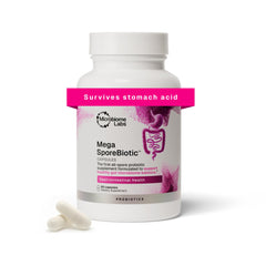 Microbiome Labs MegaSporeBiotic frontal mostrando envase y beneficios