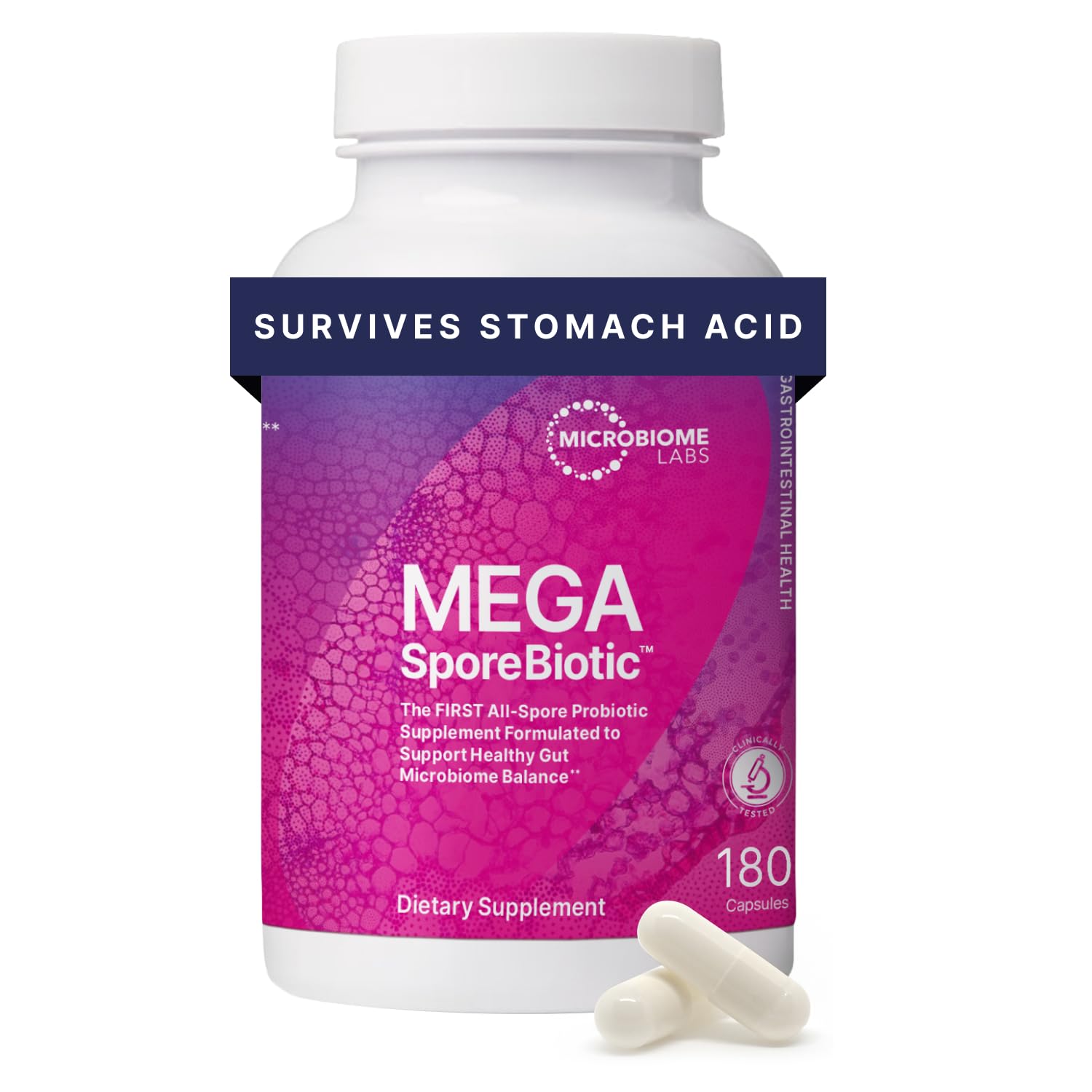 Microbiome Labs frasco frontal mostrando etiqueta clara y beneficio de estabilidad