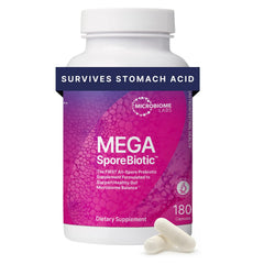 Microbiome Labs frasco frontal mostrando etiqueta clara y beneficio de estabilidad
