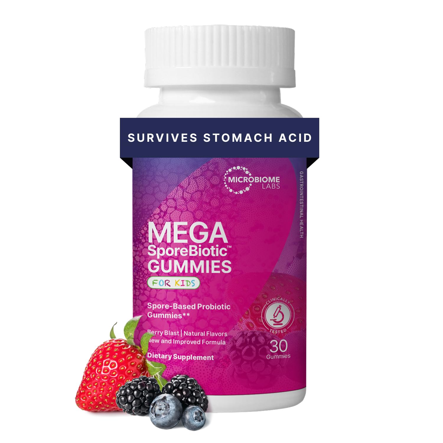 Microbiome Labs envase frontal de MegaSporeBiotic Kids mostrando 30 gominolas y beneficio de soporte digestivo
