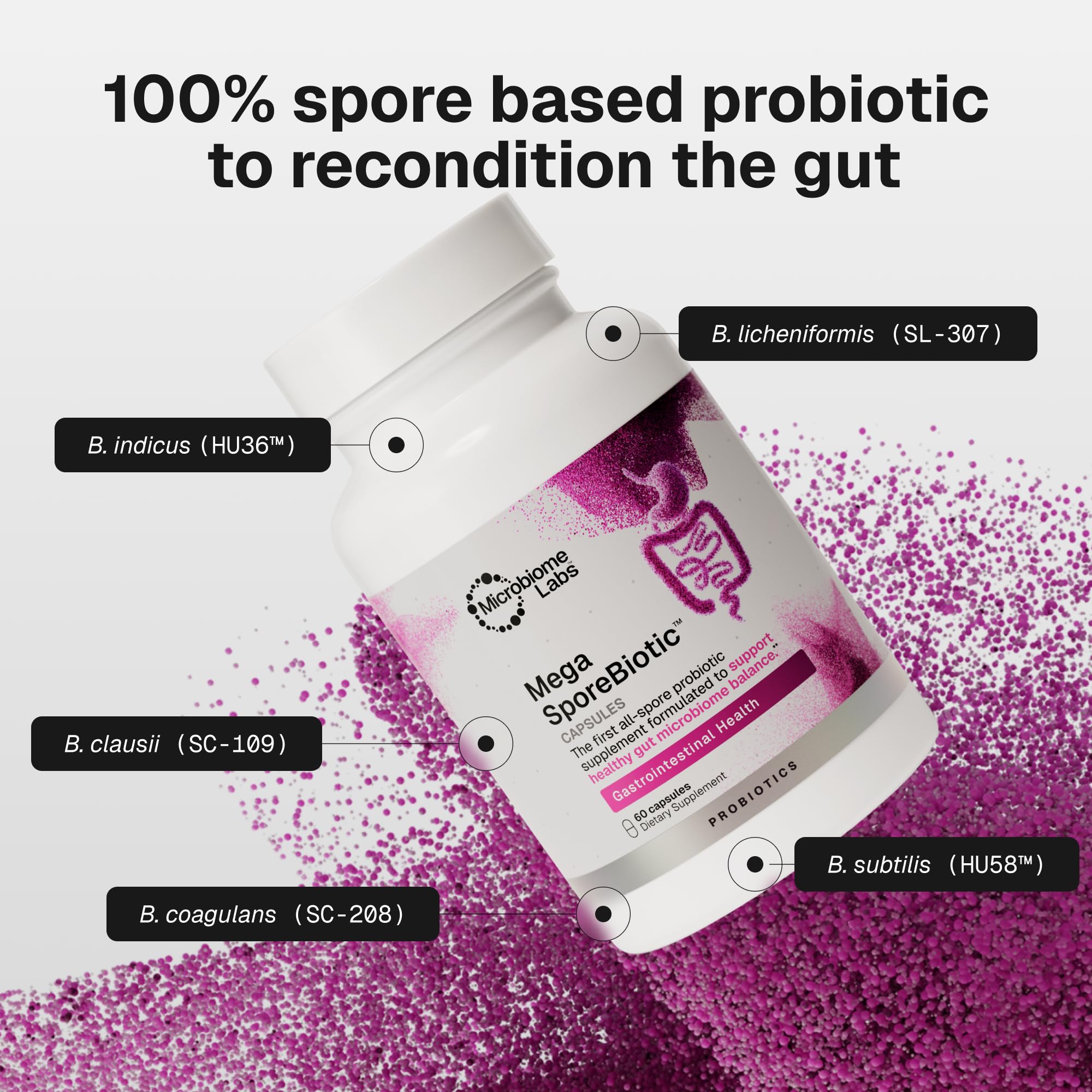 Microbiome Labs MegaSporeBiotic detalle de cápsula mostrando integridad