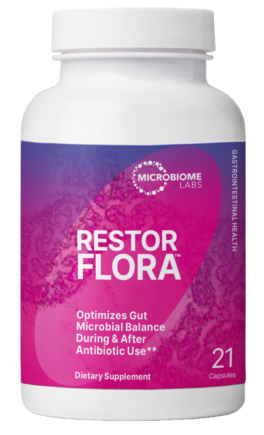Microbiome Labs RestorFlora frente del empaque mostrando diseño y duración de 14 días