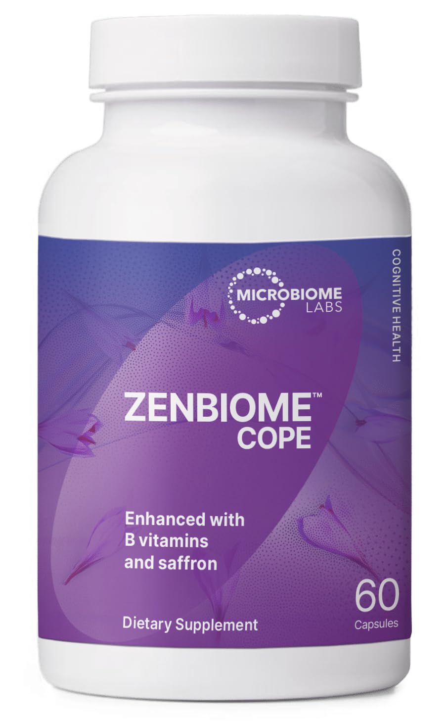 Microbiome Labs Zenbiome COPE vista frontal del envase y beneficios claros