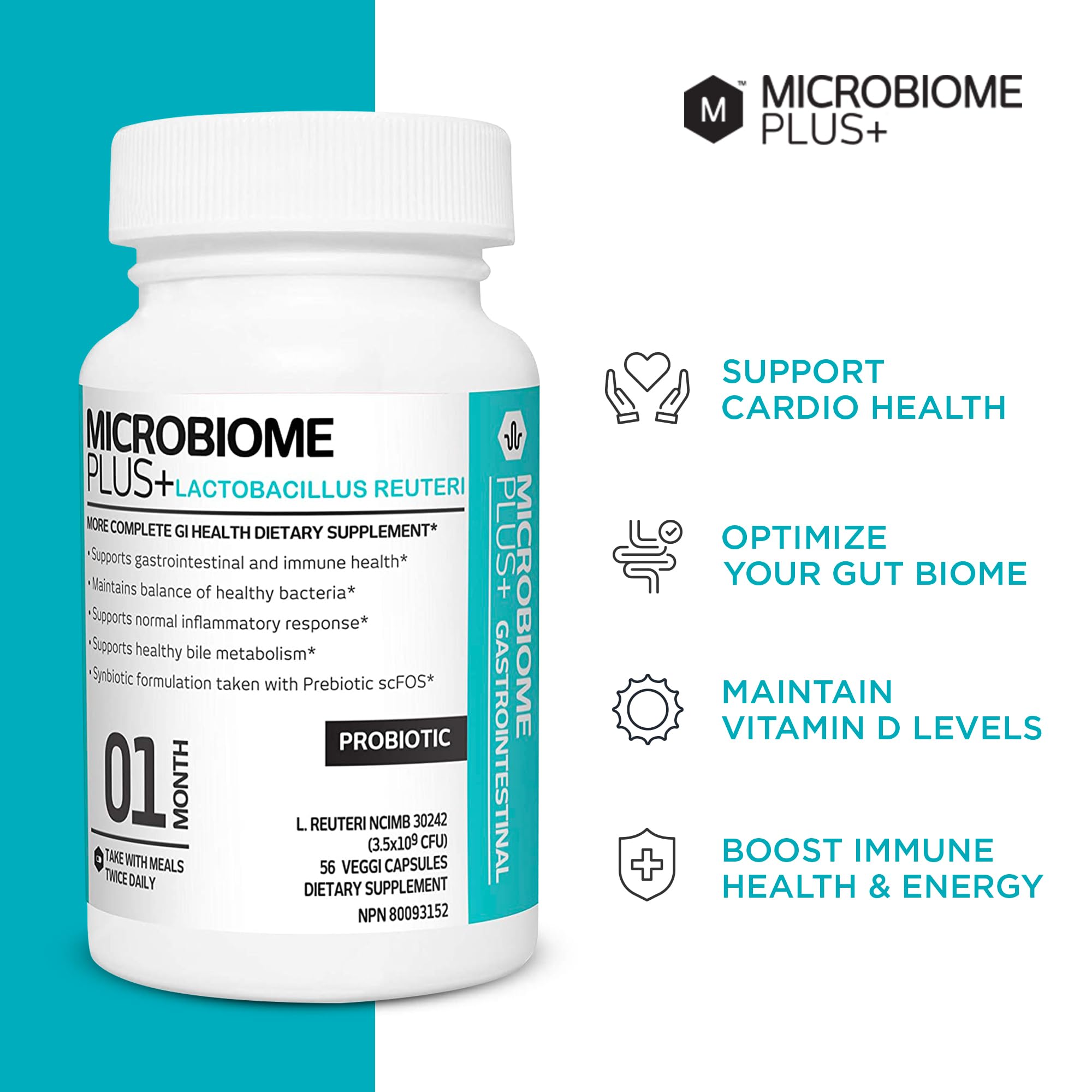 Microbiome Plus caja junto a botella abierta mostrando cápsulas interiores