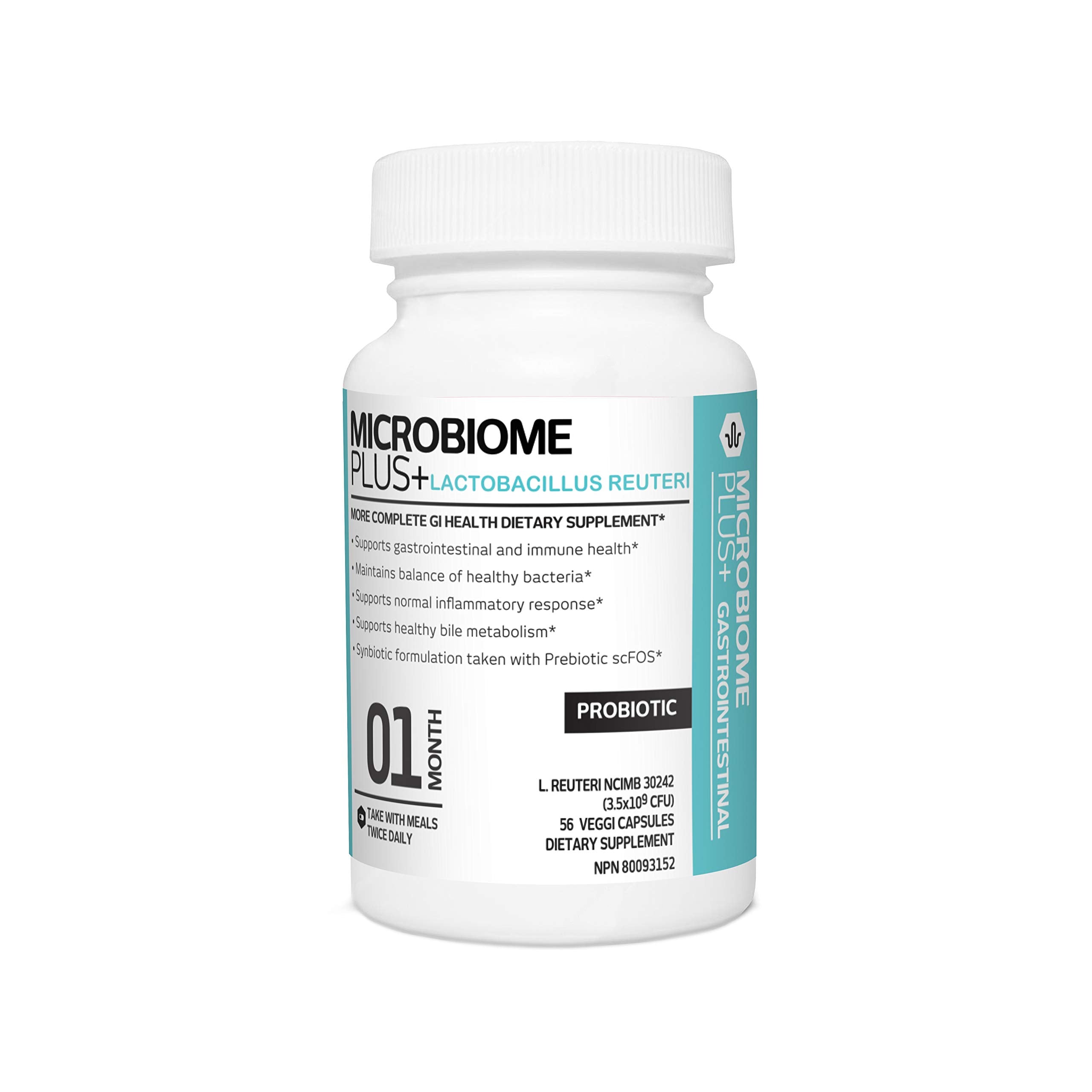 Microbiome Plus frente del producto mostrando diseño y beneficios clave