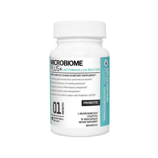 Microbiome Plus frente del producto mostrando diseño y beneficios clave