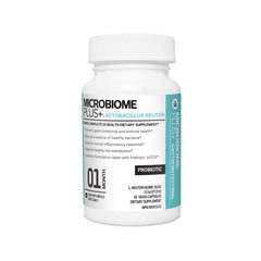 Microbiome Plus frente del producto mostrando diseño y beneficios clave