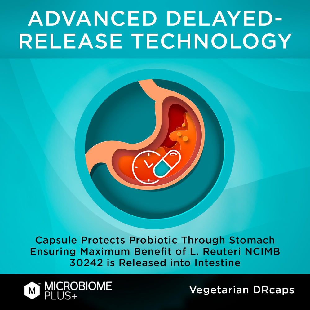 Microbiome Plus cápsula sobre mesa junto a alimentos saludables