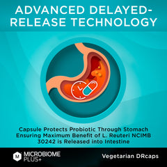 Microbiome Plus cápsula sobre mesa junto a alimentos saludables