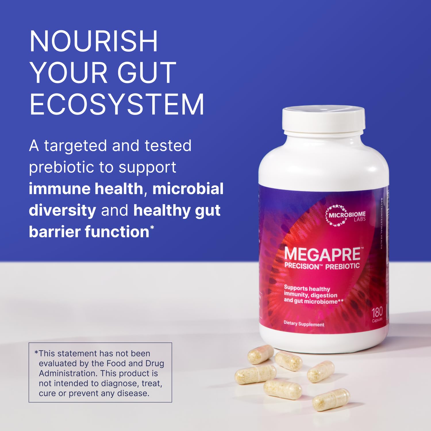 Microbiome Labs MegaPre cápsulas vegetales en detalle para fácil ingestión diaria