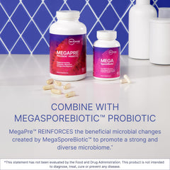 Microbiome Labs MegaPre etiqueta con lista de ingredientes y ventajas prebióticas