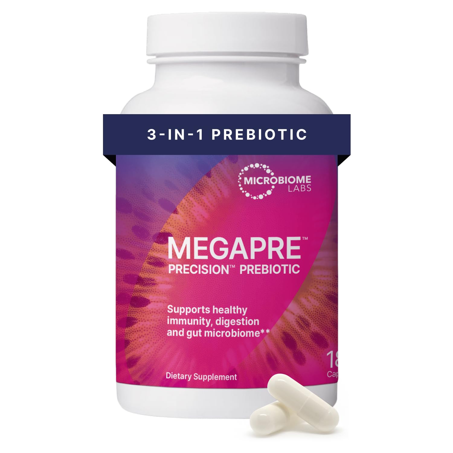 Microbiome Labs MegaPre frente del envase mostrando presentación y beneficio de diversidad