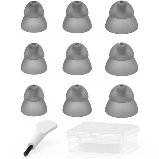 MicroEar domo empacado frontal mostrando color ahumado y 9 piezas; comodidad segura