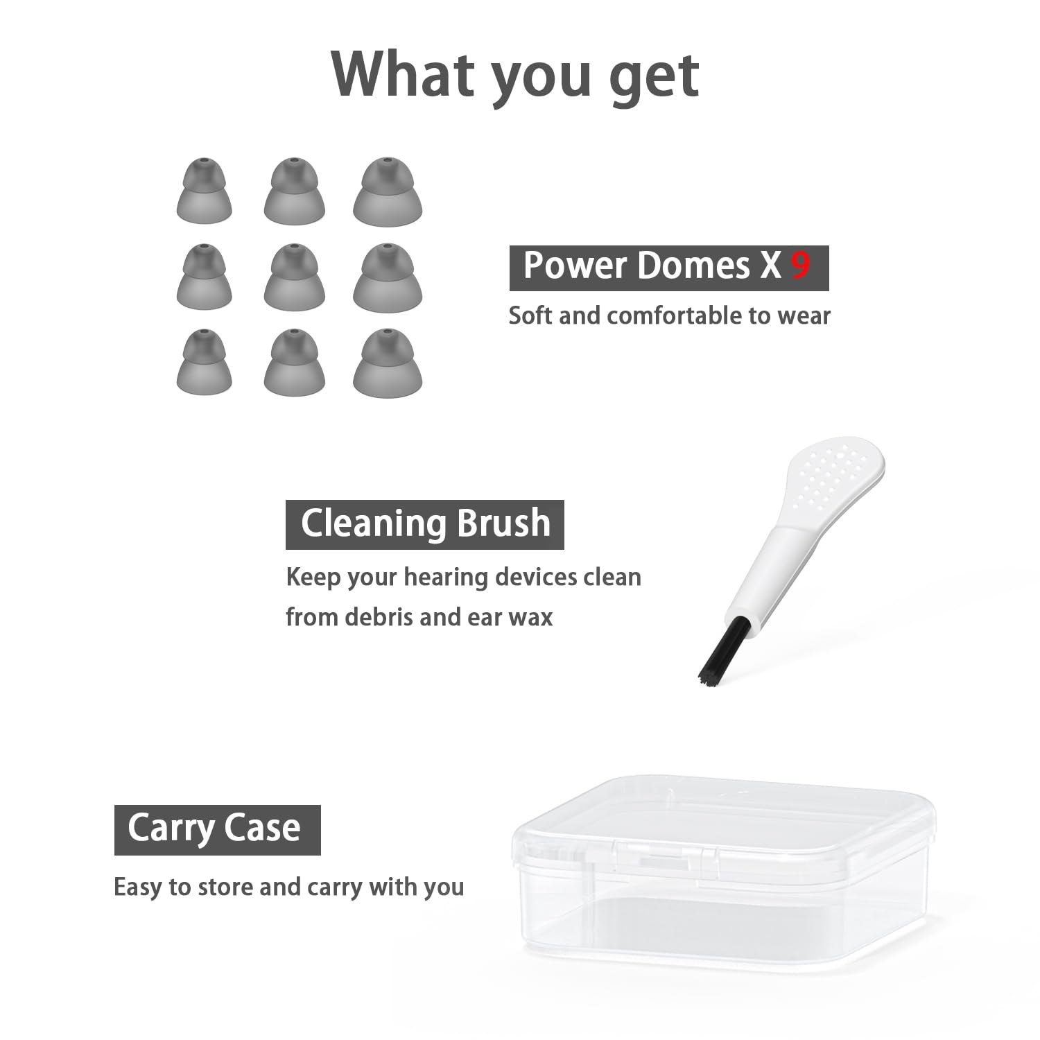 MicroEar estuche portátil abierto con domos organizado y fácil de transportar