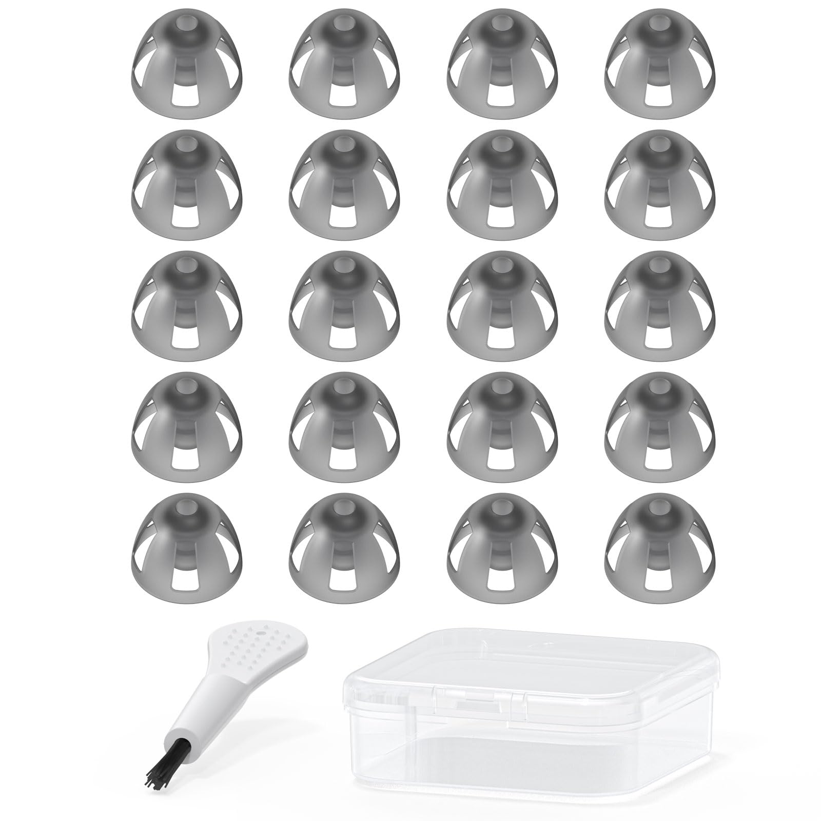 MicroEar vista frontal del paquete con 20 domos y estuche, almacenamiento seguro