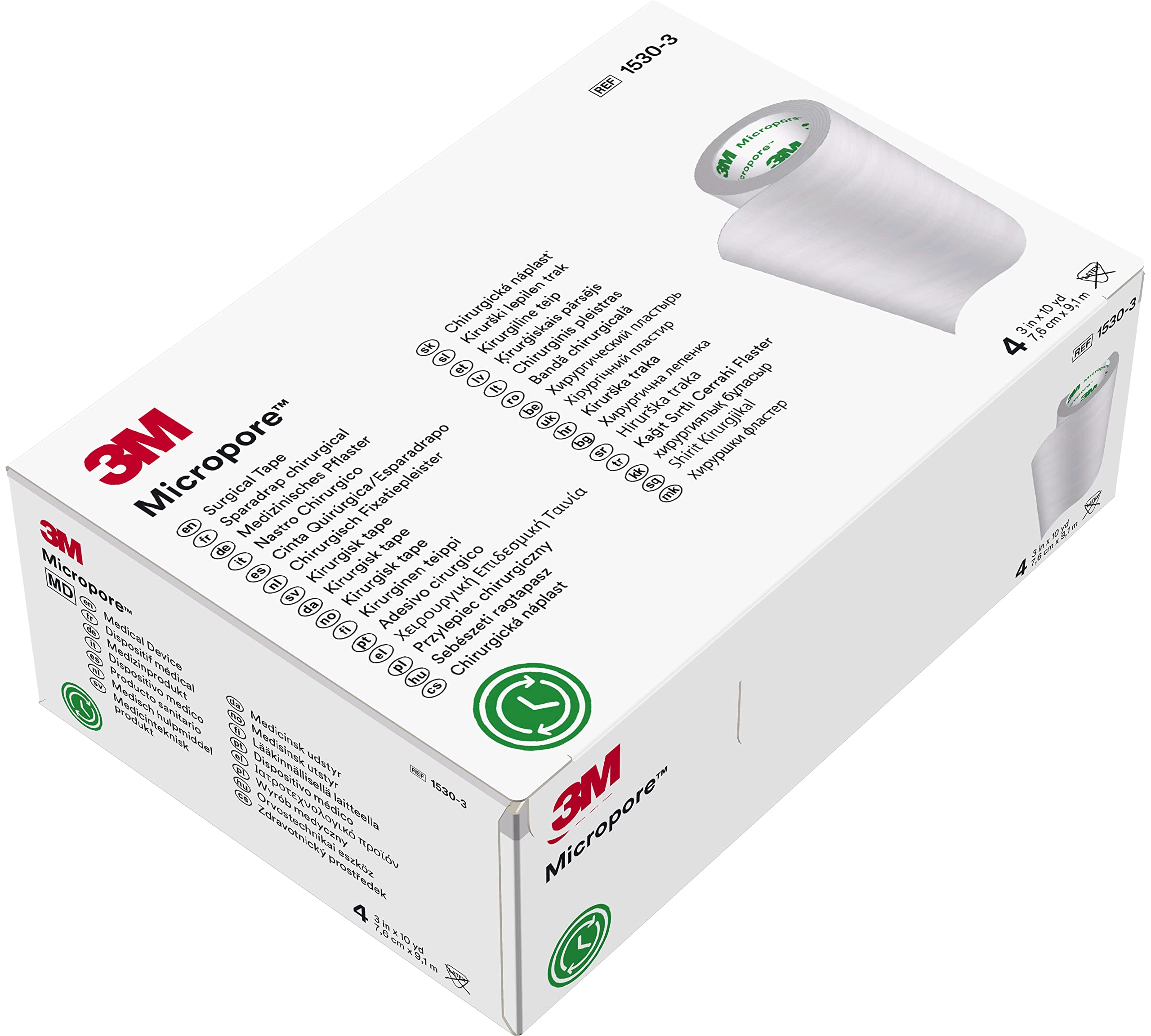 Micropore empaque frontal mostrando 4 rollos y ventaja de disponibilidad