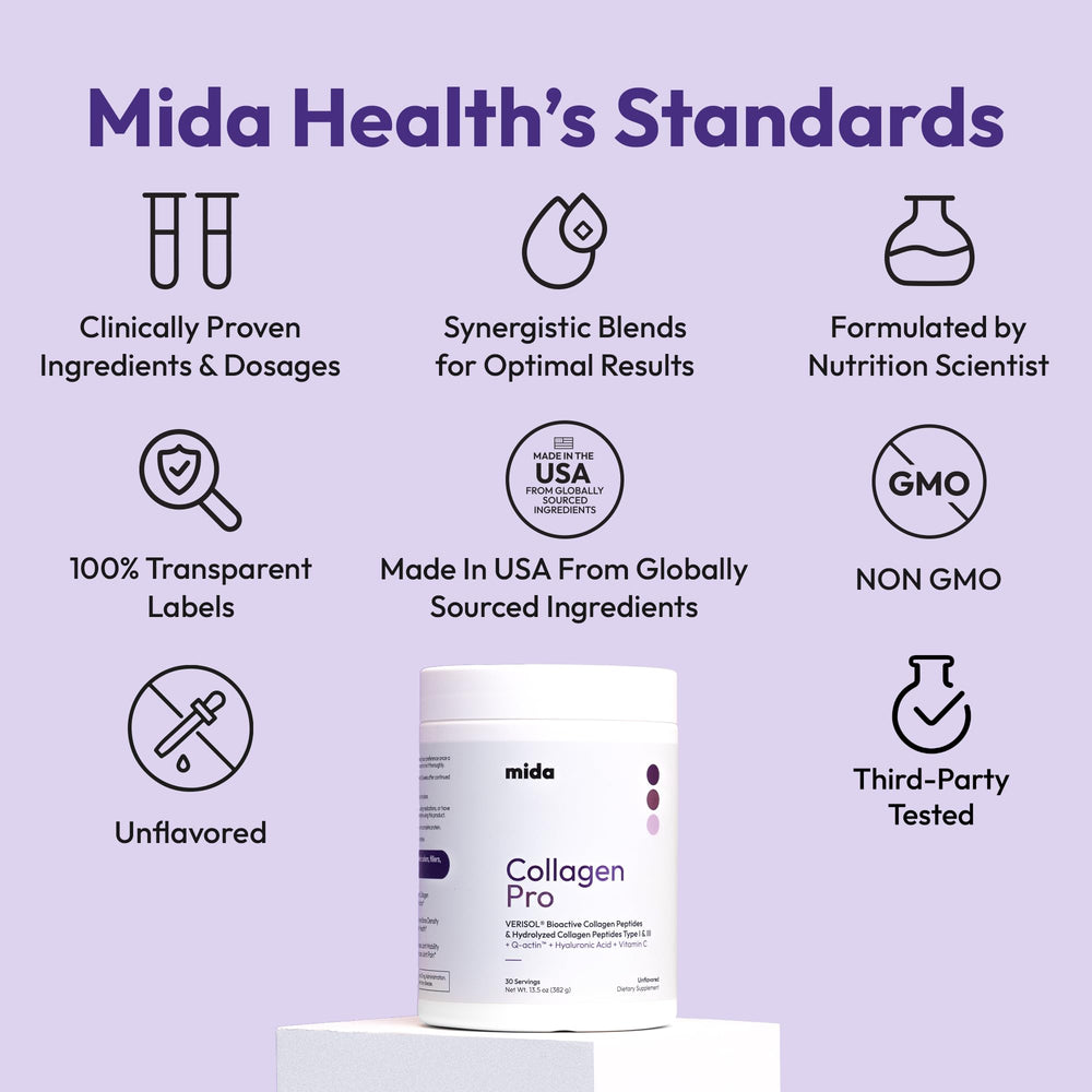 Mida Health ingredientes vertidos destacando VERISOL y colágeno hidrolizado