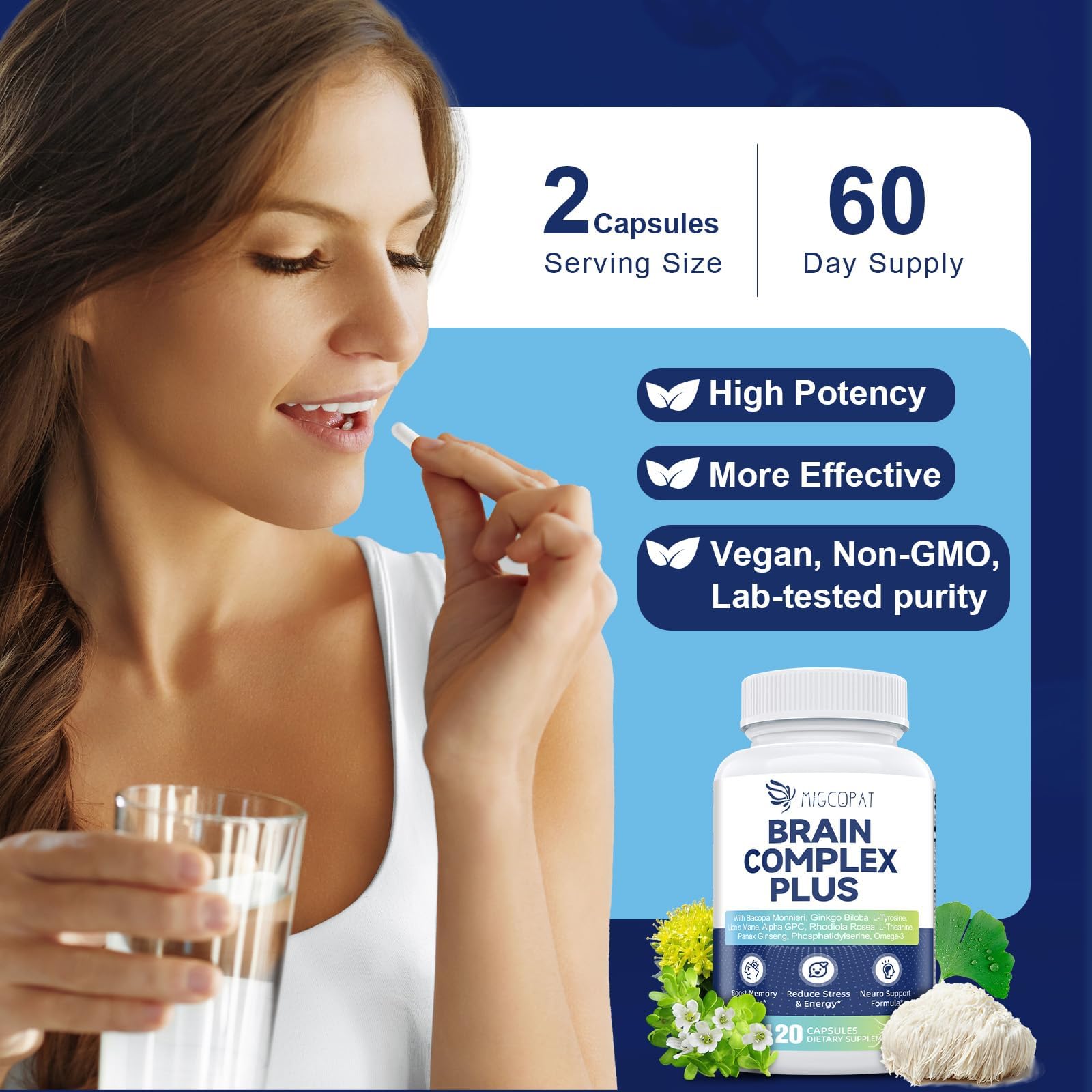 Etiqueta Migcopat con lista de ingredientes y formas biodisponibles destacadas