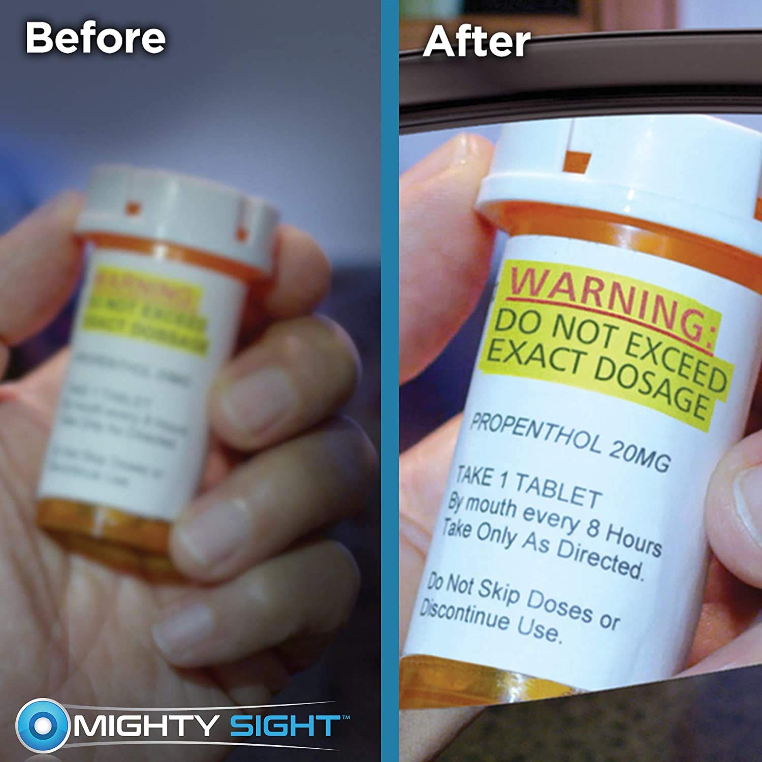 Mighty Sight comparación de tamaño con mano, diseño ligero y cómodo