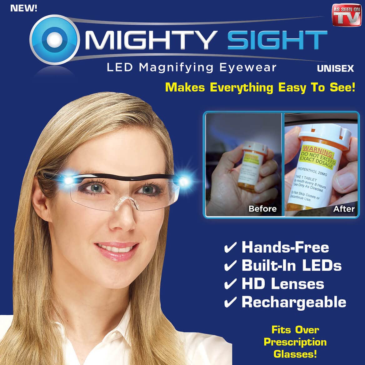 Mighty Sight colocado sobre gafas graduadas para uso cómodo y práctico