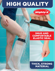 Mighty-X escena en baño iluminado mostrando confianza para mantener vendaje seco