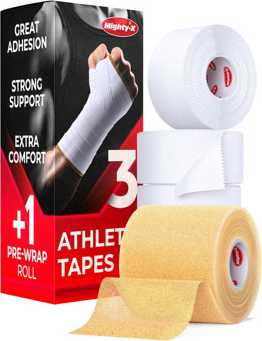 Mighty-X paquete delantero mostrando 3 rollos y pre-wrap para soporte confiable