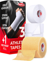 Mighty-X paquete delantero mostrando 3 rollos y pre-wrap para soporte confiable