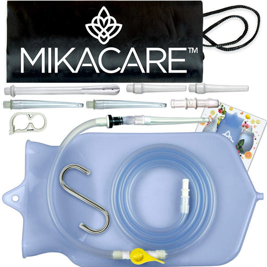 Mikacare bolsa de enema frontal mostrando estructura y cierre, facilidad de uso
