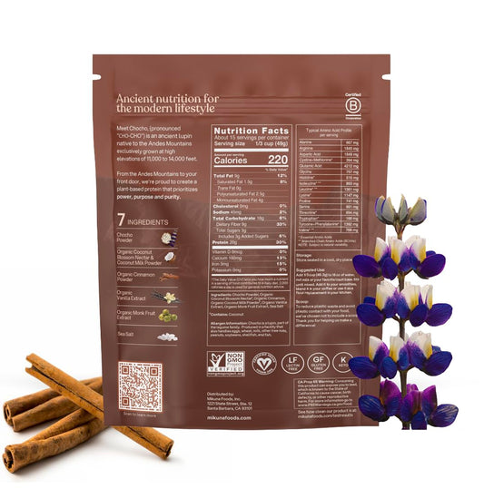 Mikuna Chocho protein powder on a surface highlights 20g protein per serving.