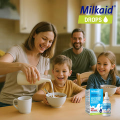 escena de cocina con Milkaid y leche tratada lista para cereales y recetas