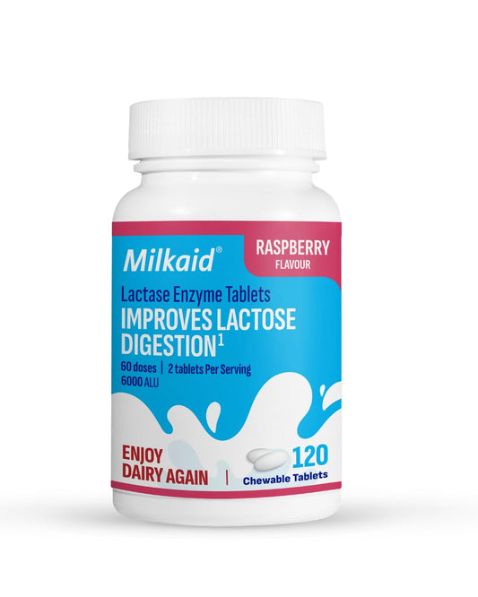 Milkaid envase frontal mostrando 120 tabletas, práctico y portátil