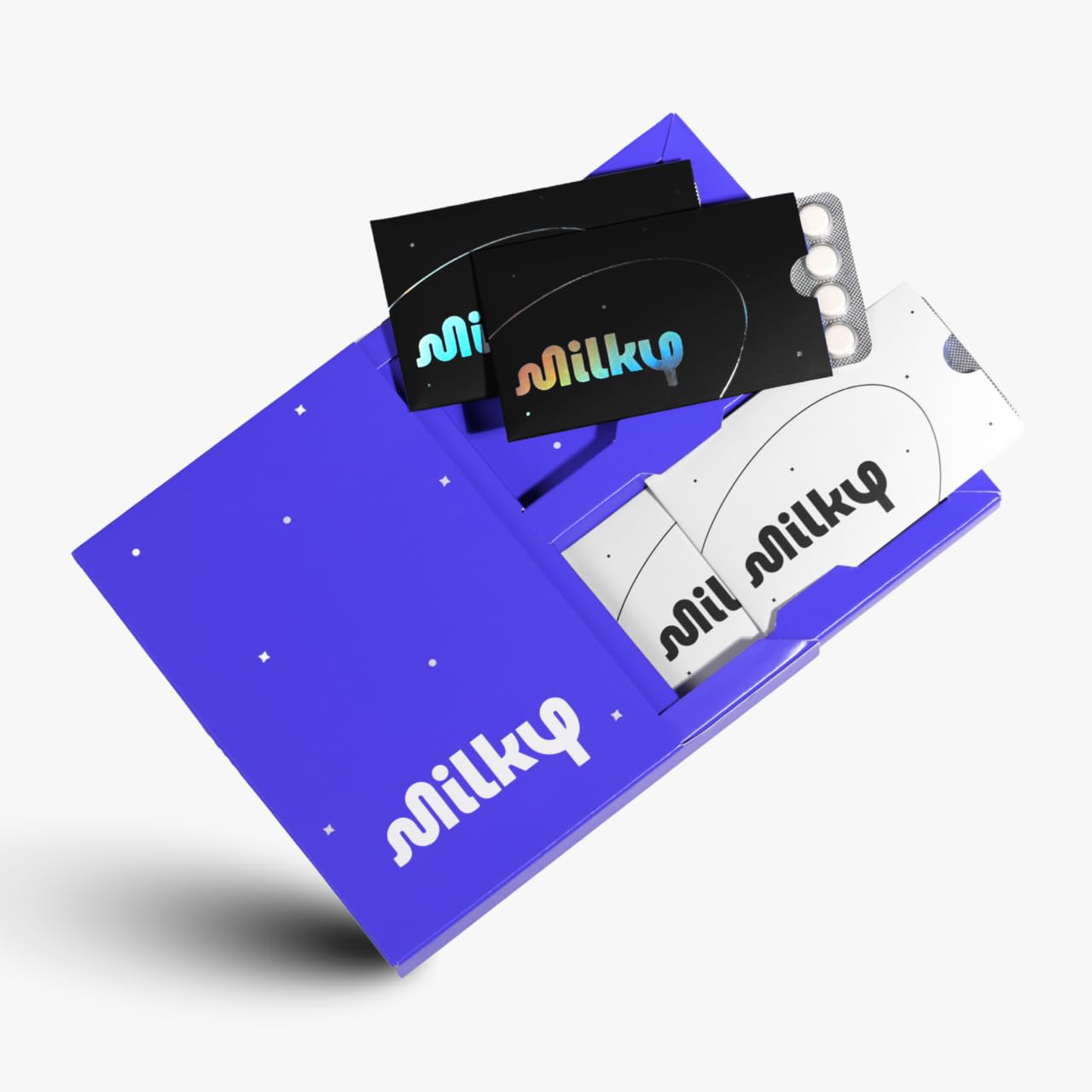 Milky frasco frontal Cosmic Black mostrando diseño elegante y portabilidad