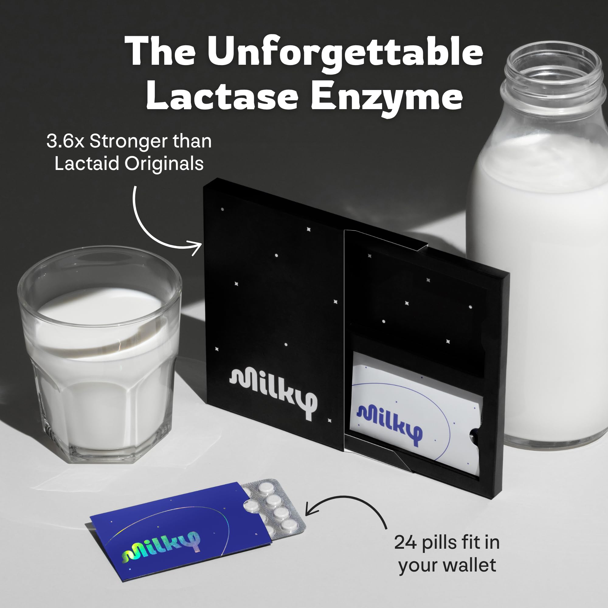 Milky tableta en mano lista para tomar antes de una comida láctea