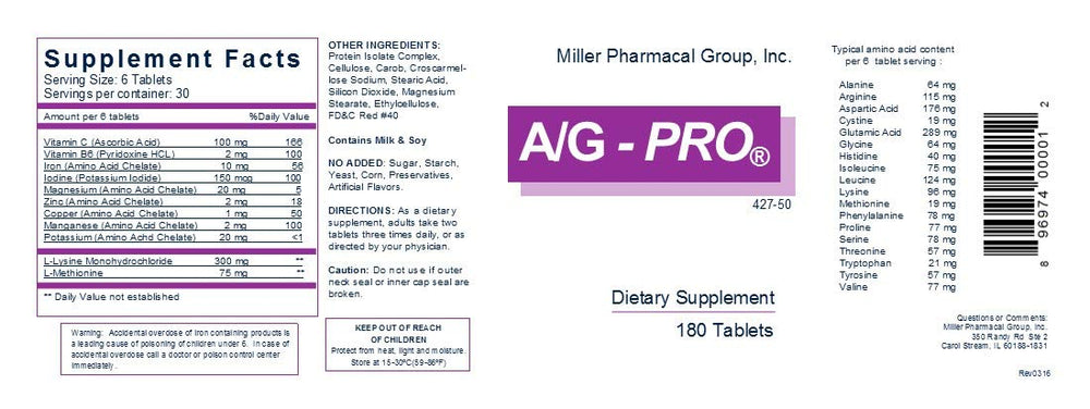 Miller A/G Pro close-up de una tableta, textura compacta y fácil de tragar