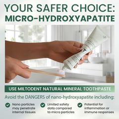 MILTODENT etiqueta detalle con ingredientes, destaca 15% micro-hidroxiapatita segura