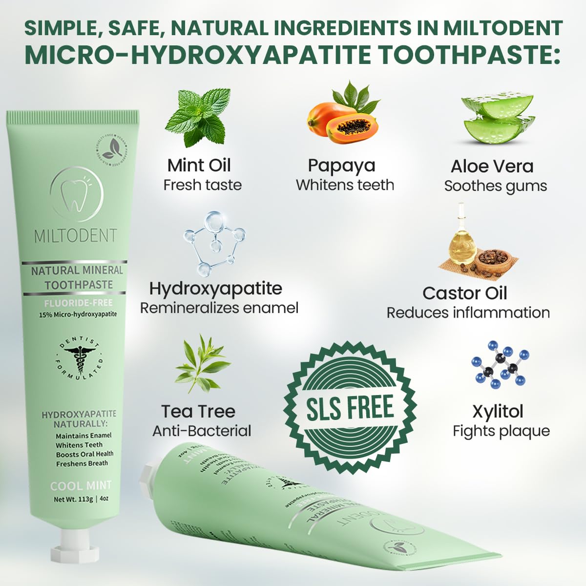 MILTODENT crema sobre cepillo en uso, muestra aplicación suave para bocas sensibles
