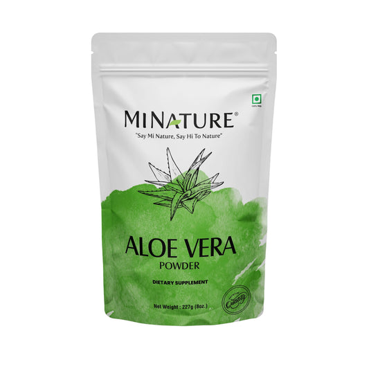 minature polvo de aloe vista frontal mostrando envase y beneficio conservación
