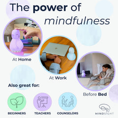 Mindsight Breathing Buddha en mesita de noche con ambiente tenue, ayuda a calmar antes de dormir