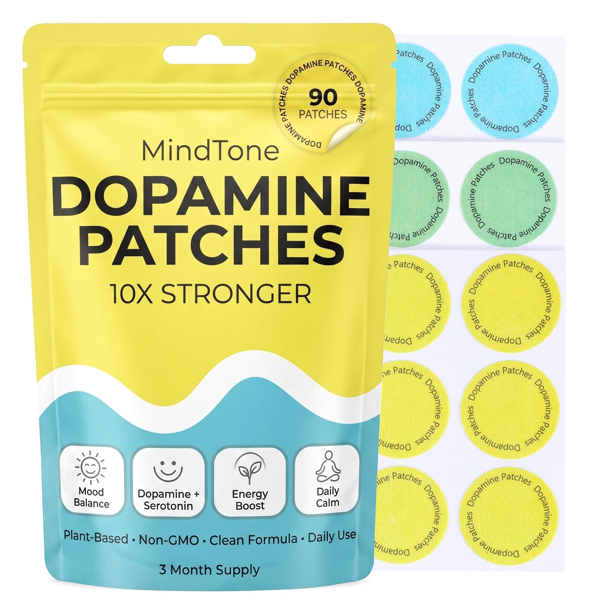 MindTone empaque frontal mostrando 90 parches y beneficio conveniencia
