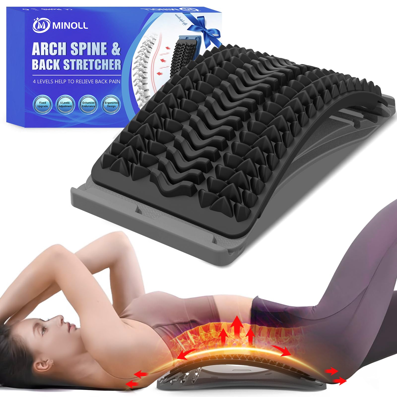 MINOLL vista frontal del estirador lumbar mostrando arco ajustable y soporte ergonómico