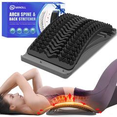 MINOLL vista frontal del estirador lumbar mostrando arco ajustable y soporte ergonómico