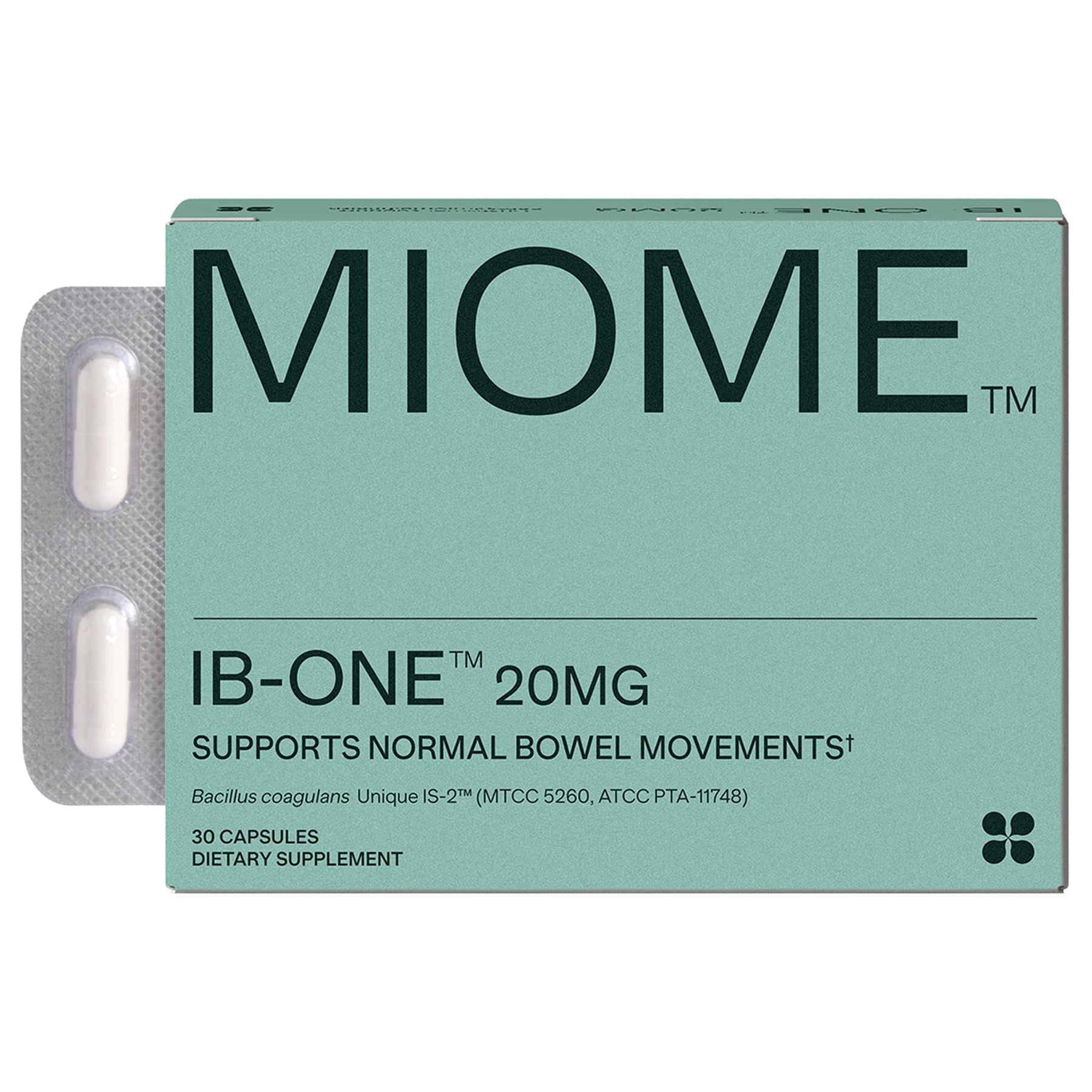 MIOME botella y caja frontal mostrando diseño y beneficio de regularidad
