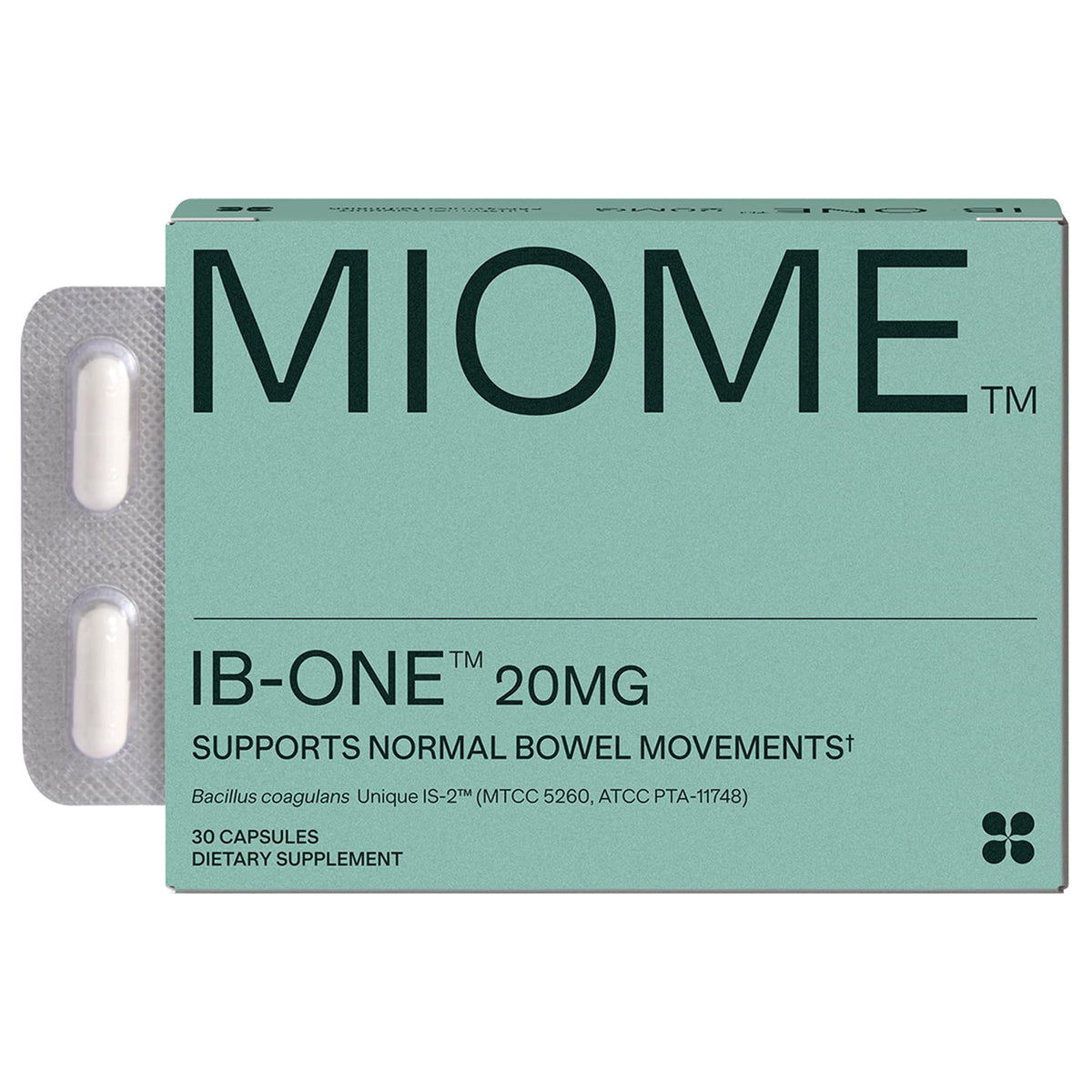MIOME botella y caja frontal mostrando diseño y beneficio de regularidad